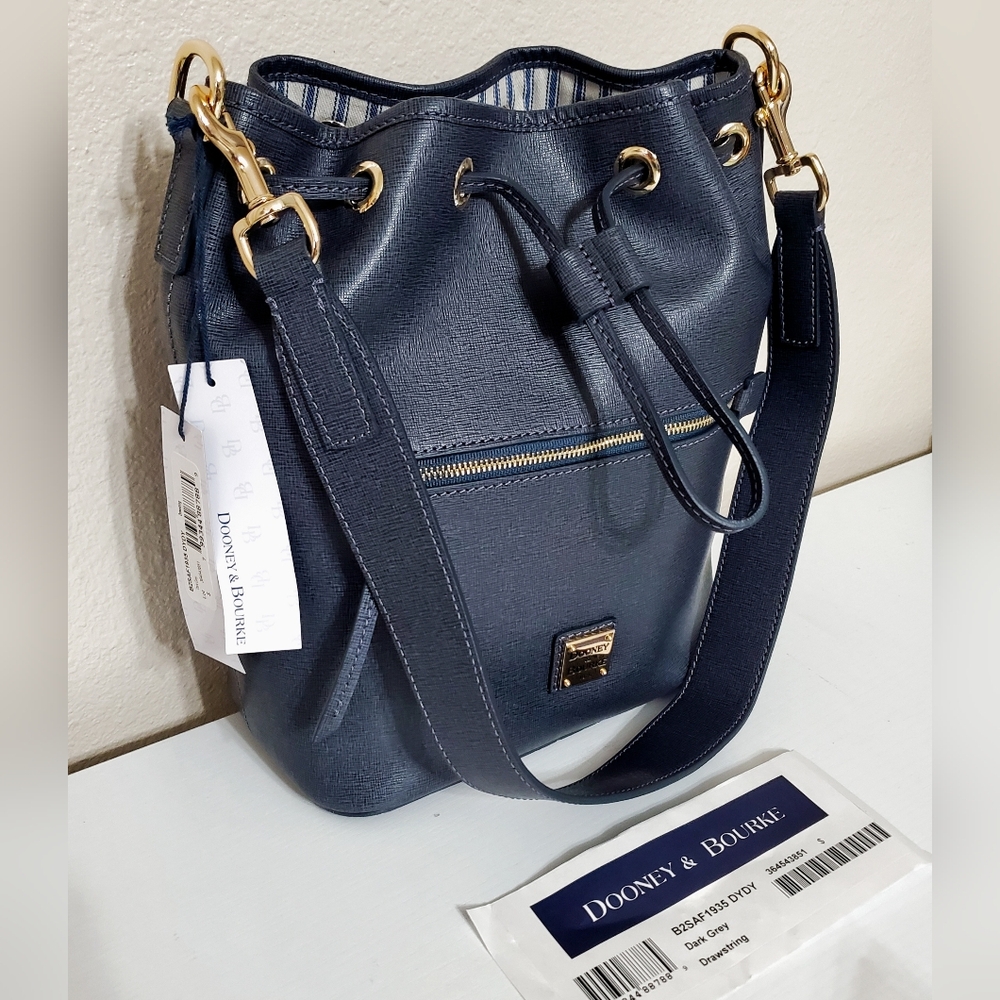 New Dooney & Bourke Dark Gray Saffiano Leather Drawstring Bucket Bag